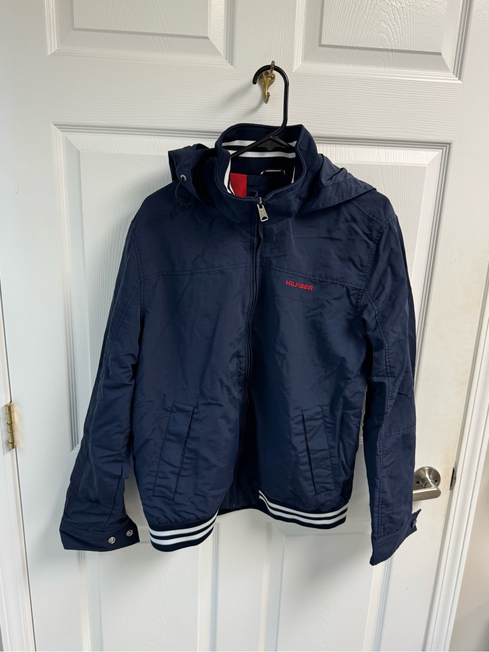 Tommy Hilfiger Men’s Vtg Navy Hooded Regatta Yacht Jacket with Stripe Trim M - Picture 2 of 16